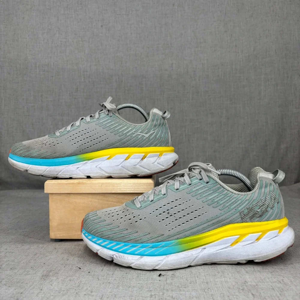 Hoka One One Clifton 5 Gray Yellow Blue Running Shoes Sneakers Women's Size 10.5
